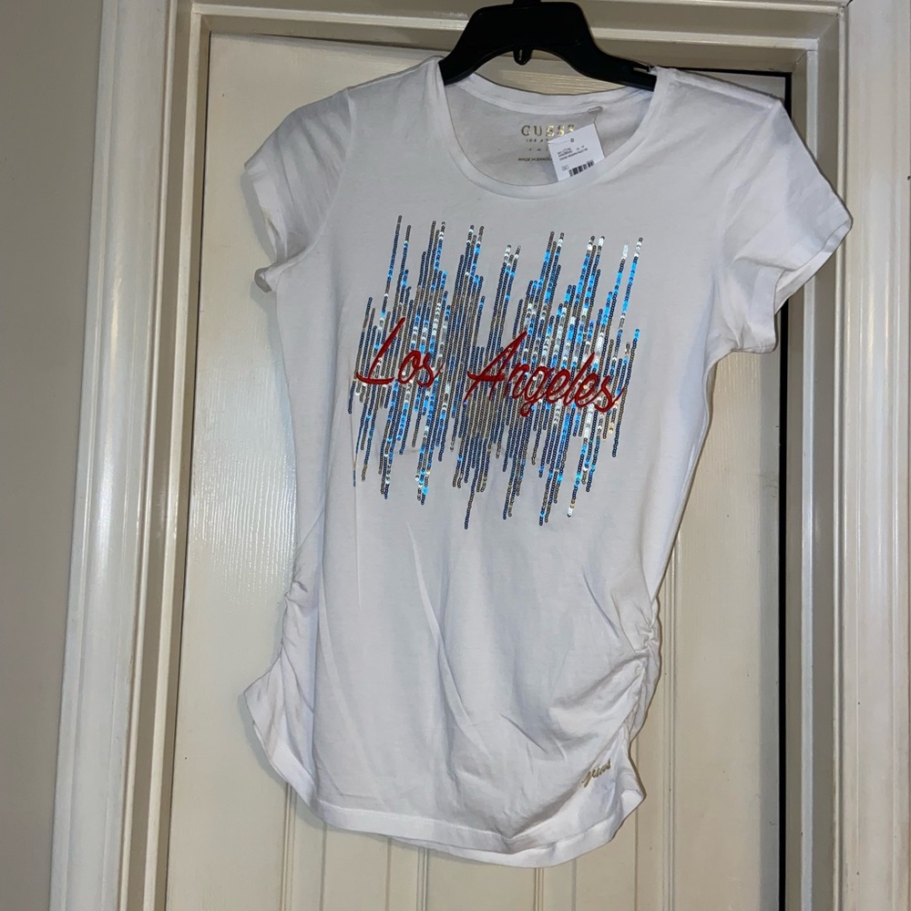 Guess White Tee with Blue and Red Sequin Design